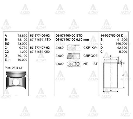 Goetze 87-71653-050 Piston Segman 050 Nissan Skystar Yd25 DDTI-TCId22 Motor 2002-89.50mm 87-71653-050