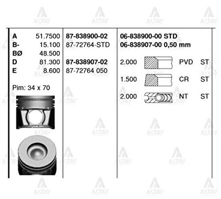 Goetze 87-72764-STD Motor Piston Segman STD Mazda B2500 Bt50- Ford Ranger Turbo YM Motor 93mm 1449002