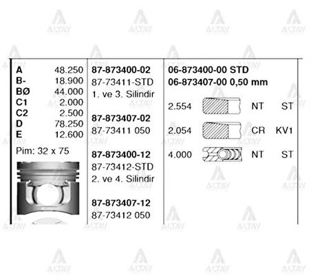 Goetze 87-73411-050 Motor Piston Segman 050 L200 CR 2.5 DID Motor 1-3 Sıralı Piston 2006-2009 91.60mm 87-73411-050