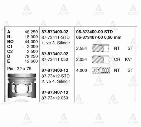 Goetze 87-73412-050 Motor Piston Segman 050 L200 CR 2.5 DID Motor 2-4 Sıralı Piston 2006-2009 91.60mm 1110A596