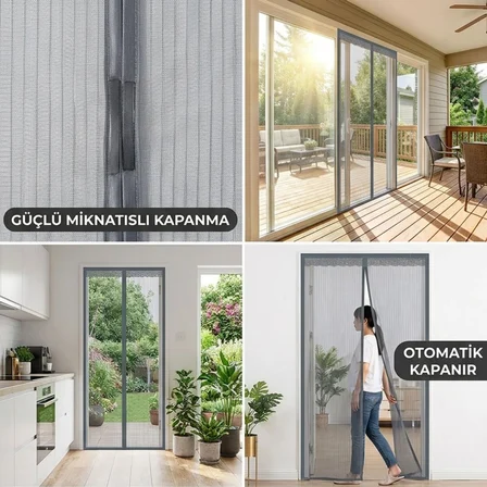 Mıknatıslı Kapı Sinekliği Gri 100x210 cm Otomatik Kapanan Manyetik Tül Sineklik (5517)