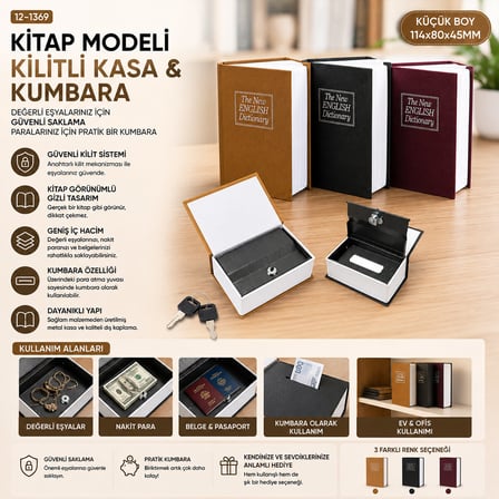 KÜÇÜK=114X80X45MM KİTAP MODELİ KİLİTLİ KASA - KUMBARA RENKLİ (5517)