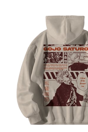 Unisex Krem Oversize Hoodie - Gojo Saturo Anime Baskılı 3 İplik Şardonlu Streetwear Sweatshirt