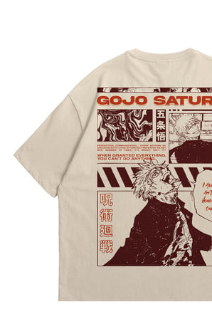 Unisex Krem Oversize T-Shirt - Gojo Saturo Anime Baskılı %100 Pamuklu Bisiklet Yaka Tişört