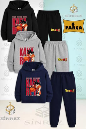 Çocuk Unısex GOKU ARKA YAZILI YUMRUK 3'Lü Kapşonlu Eşofman Takımı