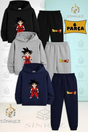 Çocuk Unısex GOKU DUZ AYAKTA DURAN 3'Lü Kapşonlu Eşofman Takımı