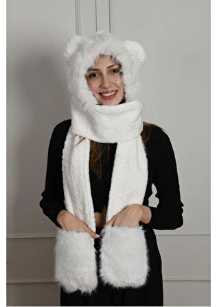 Peluş Cepli Şapka Uzun Atkı Yumuşacık Sıcak Tutucu Trend Kış Aksesuarı