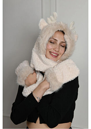 Peluş Cepli Geyik Kulaklı Şapka Atkı Yumuşacık Sıcak Tutucu Trend Kış Aksesuarı