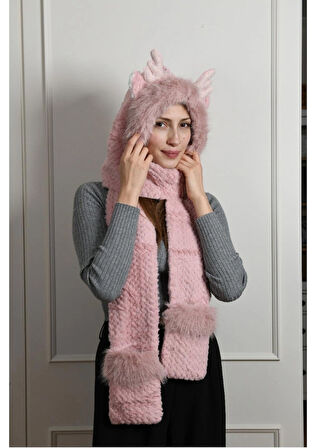 Peluş Cepli Geyik Kulaklı Pudra Şapka Atkı Yumuşacık Sıcak Tutucu Trend Kış 