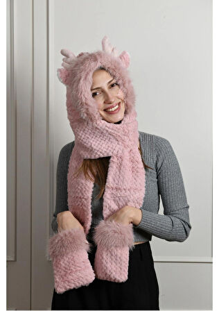 Peluş Cepli Geyik Kulaklı Pudra Şapka Atkı Yumuşacık Sıcak Tutucu Trend Kış 