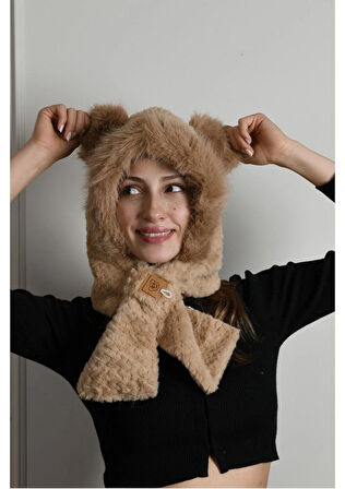 Peluş Yumuşak Trend Şapka Kısa Atkı