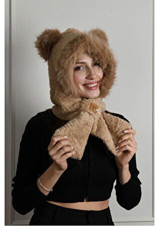 Peluş Yumuşak Trend Şapka Kısa Atkı