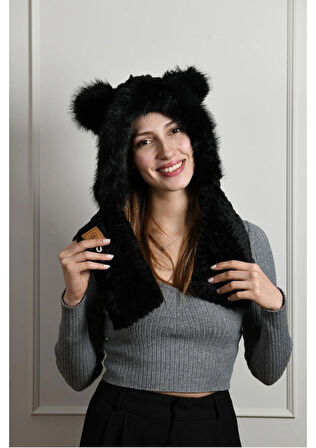 Peluş Siyah Yumuşak Trend Şapka & Kısa Atkı – Kışın En Sıcacık ve En Tatlı İkilisi!