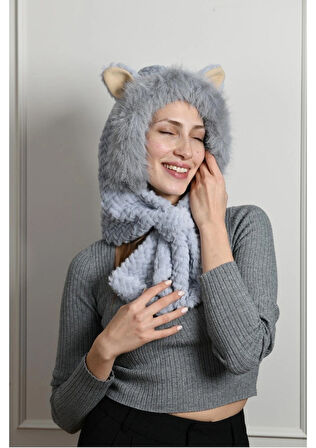 Peluş Yumuşak Trend Gri Kulaklı Şapka & Atkı – Sıcacık ve Sevimli Tarz!
