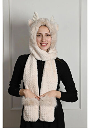 Peluş Cepli Uzun Şapka- Atkı Geyik Kulaklı Yumuşacık & Sıcak Tutucu Trend Kış Aksesuarı