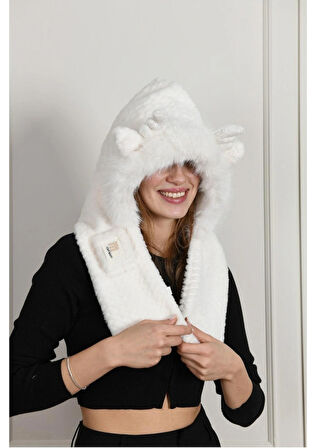 Peluş Yumuşak Kadın Şapka & Atkı – Geyik Kulaklı Trend Kış Aksesuarı