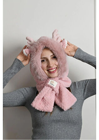 Peluş Yumuşak Kadın Şapka & Kısa Atkı – Geyik Kulaklı Trend Kış Aksesuarı