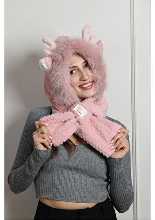 Peluş Yumuşak Kadın Şapka & Kısa Atkı – Geyik Kulaklı Trend Kış Aksesuarı