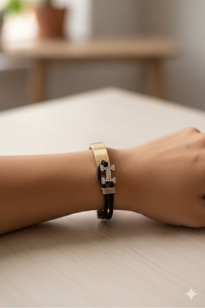 Gold Zirkon H Siyah Ipli Bileklik