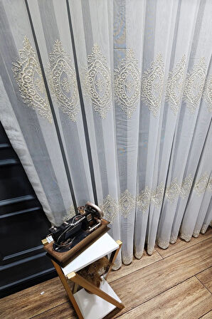 Gold Altın Orta İstanbul Damask  İşlemeli Salon Model Tasarım 3Kat Pileli Tül perde