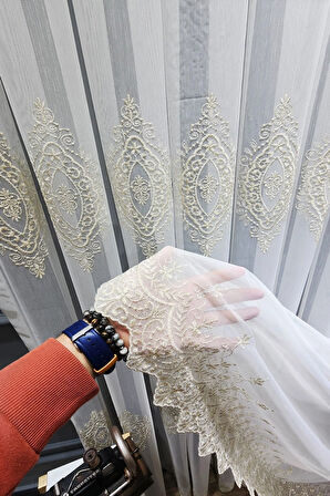 Gold Altın Orta İstanbul Damask  İşlemeli Salon Model Tasarım 3Kat Pileli Tül perde