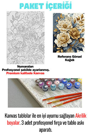 Sayılarla Boyama Seti Numaralı Tuval Fırça Boya ÇİÇEK GOLD 40X50 Cm