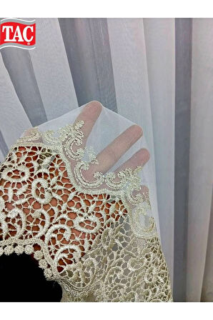 Taç Etek Aplike Altın Gold Güpürlü Ling 1/3Kat Pileli Tül Perde