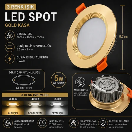 5 Watt 3 Renlki Led Spot Beyaz-Günışığı-Sarı Işık Değişebilir Spot 