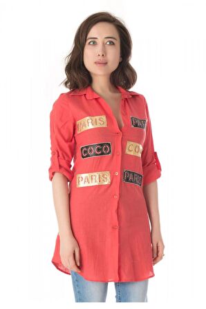 Yazı ve Taş Detaylı Fuşya Uzun Kadın Keten Gömlek (Küçük Beden)