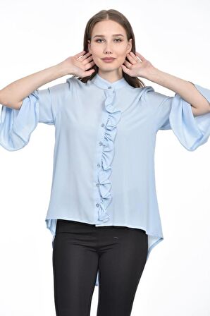 Fırfır Detaylı Bebe Mavisi Kadın Gömlek