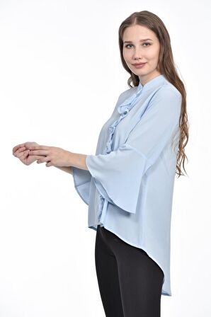 Fırfır Detaylı Bebe Mavisi Kadın Gömlek