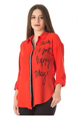 Baskılı ve Şerit Detaylı Fuşya Kadın Gömlek