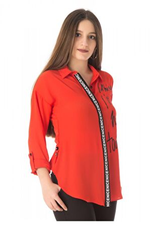 Baskılı ve Şerit Detaylı Fuşya Kadın Gömlek