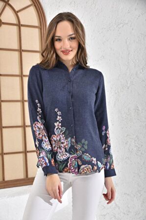 Çiçek Desenli Uzun Kollu Lacivert Kadın Gömlek