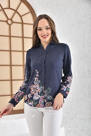 Çiçek Desenli Uzun Kollu Lacivert Kadın Gömlek