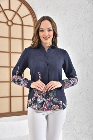 Çiçek Desenli Uzun Kollu Lacivert Kadın Gömlek