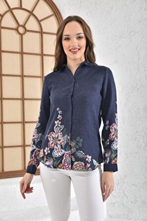 Çiçek Desenli Uzun Kollu Lacivert Kadın Gömlek