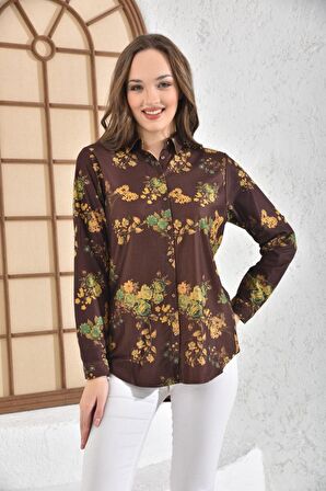 Çiçek Desenli Fitilli Uzun Kollu Kahverengi Kadın Gömlek