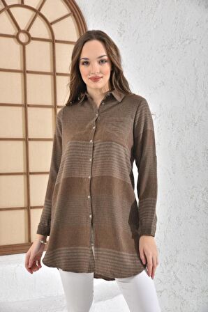 Çizgili Uzun Kollu Cep Detaylı Vizon Yün Gömlek