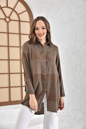 Çizgili Uzun Kollu Cep Detaylı Vizon Yün Gömlek