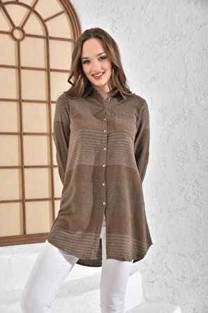 Çizgili Uzun Kollu Cep Detaylı Vizon Yün Gömlek