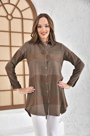 Çizgili Uzun Kollu Cep Detaylı Vizon Yün Gömlek