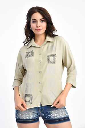Kare Sıra Taşlı Kısa Kollu Bej Kadın Gömlek