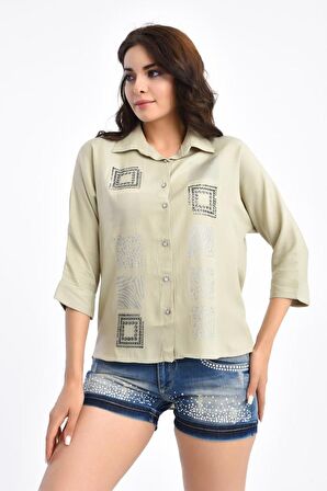 Kare Sıra Taşlı Kısa Kollu Bej Kadın Gömlek