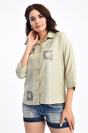 Kare Sıra Taşlı Kısa Kollu Bej Kadın Gömlek