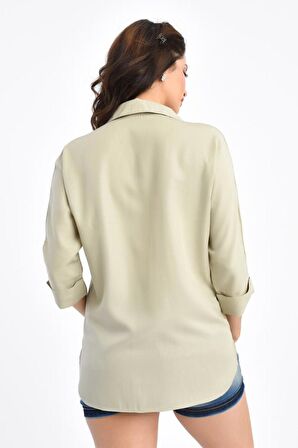 Kare Sıra Taşlı Kısa Kollu Bej Kadın Gömlek