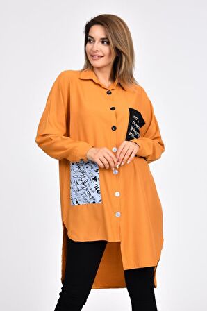 Cepli ve Baskılı Uzun Kollu Hardal Kadın Gömlek