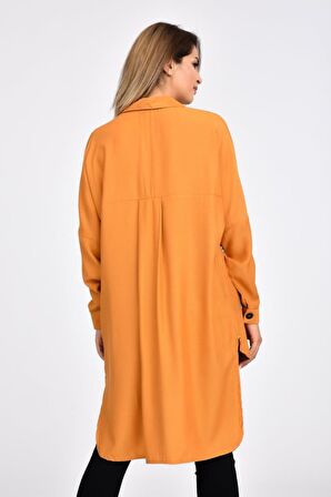 Cepli ve Baskılı Uzun Kollu Hardal Kadın Gömlek