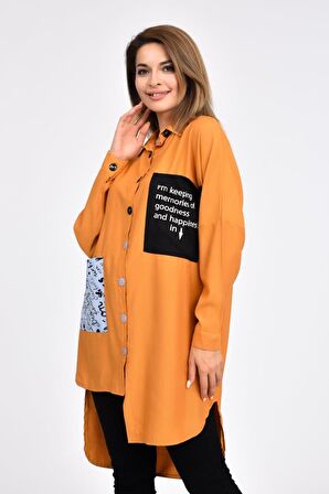 Cepli ve Baskılı Uzun Kollu Hardal Kadın Gömlek