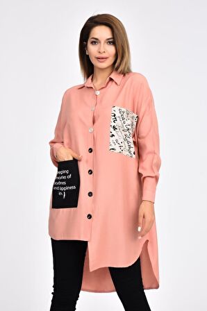 Cepli ve Baskılı Uzun Kollu Somon Kadın Gömlek